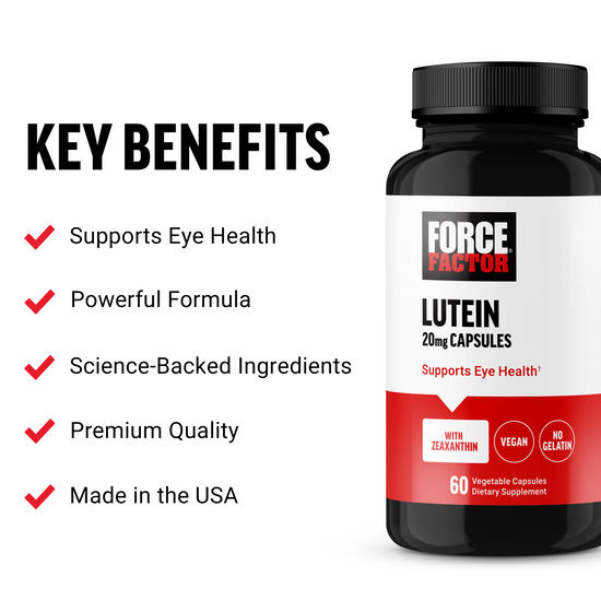 Lutein supplement bottle highlighting benefits for eye health, powerful formula, and premium quality, made in the USA.
