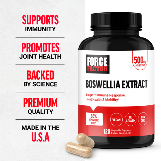 Force Factor Boswellia Extract 500mg bottle with key benefits supporting immunity, joint health, backed by science, and made in the USA