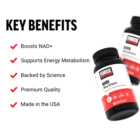 NAD+ boosting supplement bottles with key benefits listed: energy metabolism, science-backed, premium quality, made in USA.