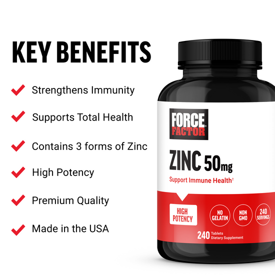 Close-up of Zinc tablets with description of Zinc’s role in immunity, mood, skin, and overall health.