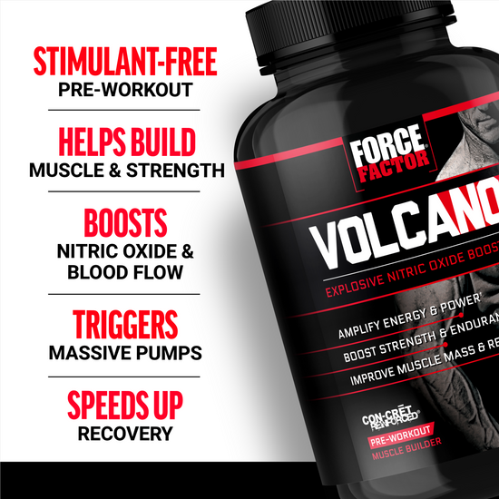 Stimulant-free pre-workout supplement bottle labeled "Volcano" with benefits like muscle building, energy boost, and recovery.