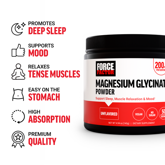 Force Factor Magnesium Glycinate Powder unflavored bottle with icons showing deep sleep, mood, muscle relaxation, easy on stomach, and high absorption