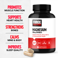 Magnesium supplement bottle highlighting benefits: muscle function, heart health, bones, mind and body calm, improved sleep quality.