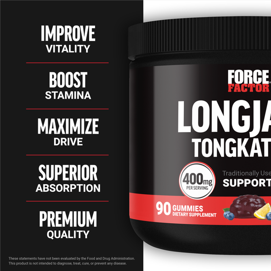 Force Factor Longjack Tongkat Ali 400mg gummies bottle with benefits to improve vitality, boost stamina, maximize drive, and superior absorption