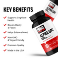 Key benefits of Force Factor Alpha GPC 600mg bottle, supporting cognitive health, focus, mood, non-GMO, vegan, premium quality, made in USA