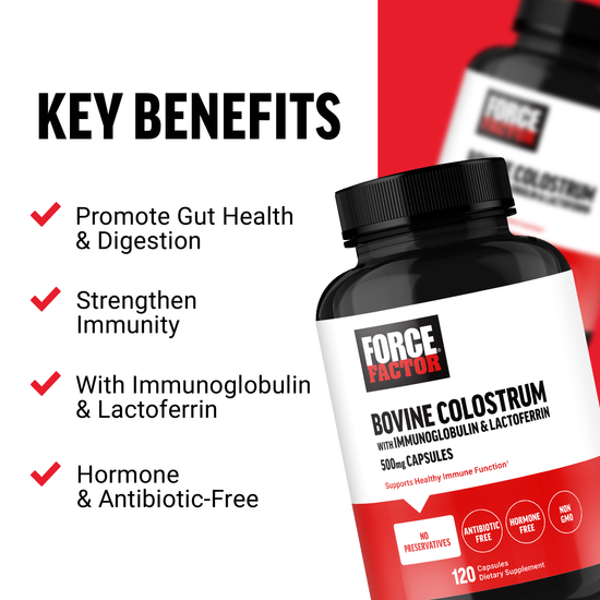 Bovine Colostrum supplement bottle highlighting key benefits: gut health, immunity, hormone-free, and antibiotic-free.