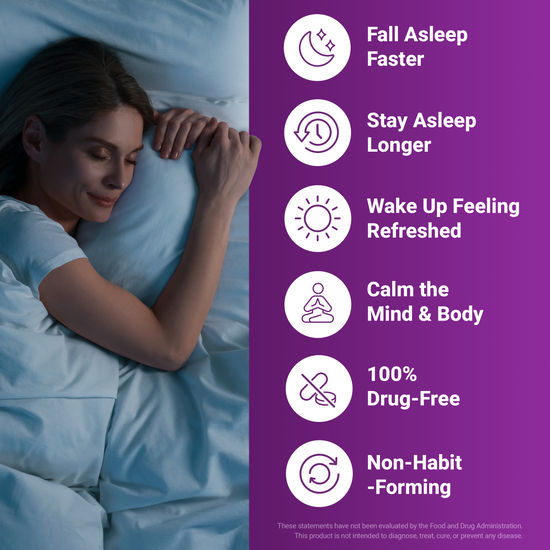 Woman sleeping peacefully beside Somnapure benefits list for faster sleep, calm mind, and non-habit-forming aid.