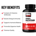 Bottle of Force Factor Women's Multivitamin with key benefits listed: vitamins, energy boost, hormone support, digestive health.