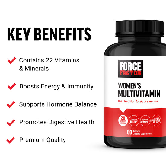 Bottle of Force Factor Women's Multivitamin with key benefits listed: vitamins, energy boost, hormone support, digestive health.
