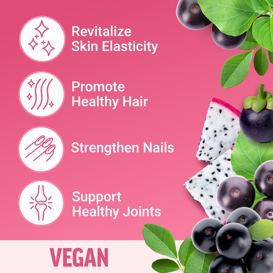 Vegan supplement benefits: revitalizes skin elasticity, promotes healthy hair, strengthens nails, supports healthy joints.