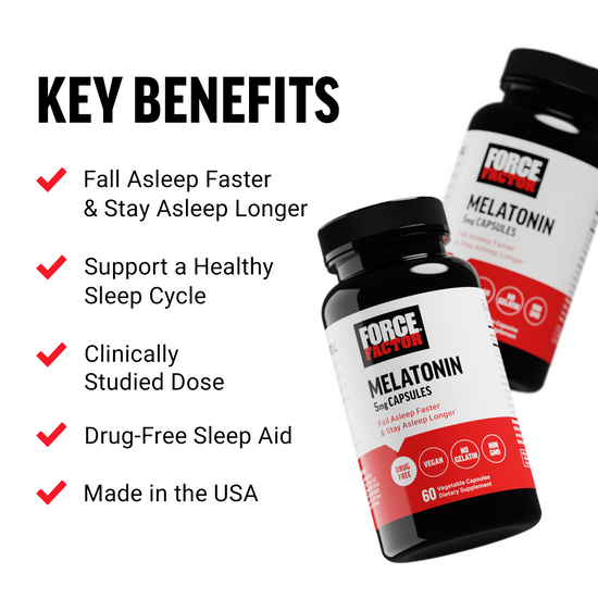 Melatonin supplement bottles with key benefits: faster sleep, healthy cycle, clinically studied dose, drug-free, USA-made.