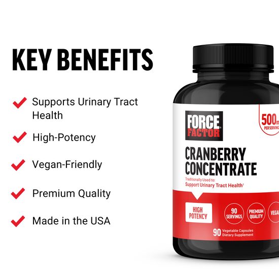 Force Factor Cranberry Concentrate 500mg bottle with key benefits supporting urinary tract health, high potency, vegan-friendly, and made in the USA