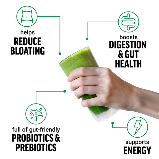 Green smoothie in a hand with text highlighting benefits: reduce bloating, boost digestion, support energy, probiotics & prebiotics.
