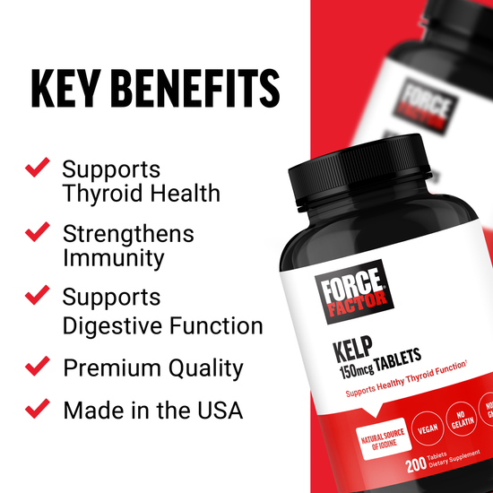 Kelp supplement bottle with key benefits: supports thyroid health, strengthens immunity, and digestive function, made in the USA.