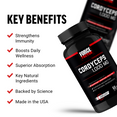 Cordyceps supplement bottle highlighting key benefits: immunity support, wellness boost, superior absorption, natural ingredients.