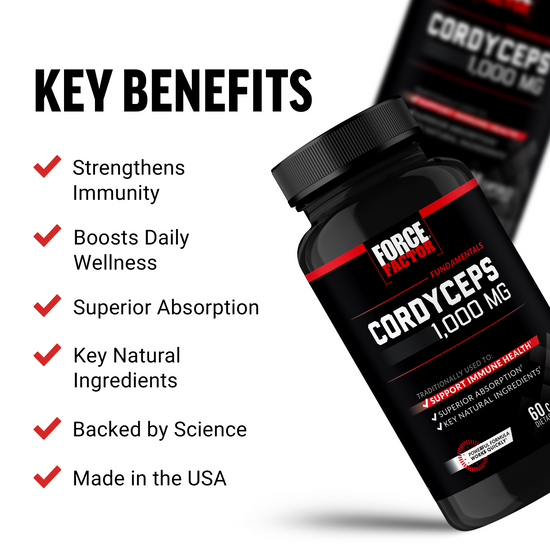 Cordyceps supplement bottle highlighting key benefits: immunity support, wellness boost, superior absorption, natural ingredients.