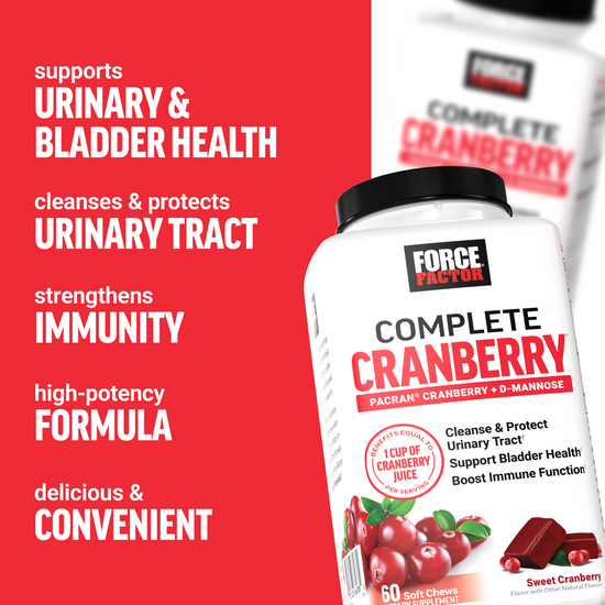 Bottle of Force Factor Complete Cranberry highlighting bladder, immunity, and urinary tract support on red background.