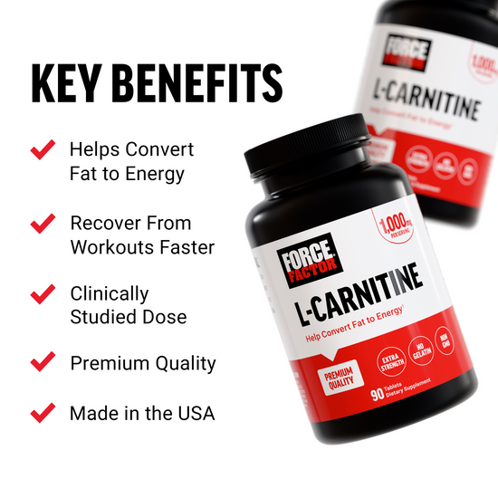 Force Factor L-Carnitine bottle next to benefits list: fat to energy, faster recovery, studied dose, quality, made in the USA.