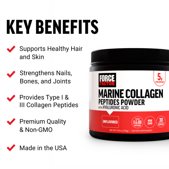Force Factor Marine Collagen Peptides Powder container with key benefits supporting hair, skin, nails, bones, joints, and made in the USA