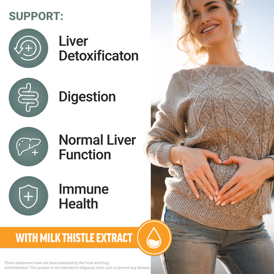 Woman outdoors smiling with hands on stomach beside icons listing liver detox, digestion, liver function, immune support.