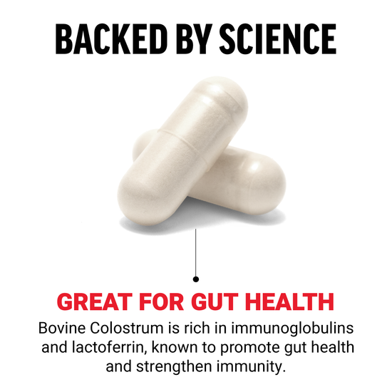 Capsules promoting gut health with text "Backed by Science" and "Great for Gut Health" highlighting benefits of bovine colostrum.