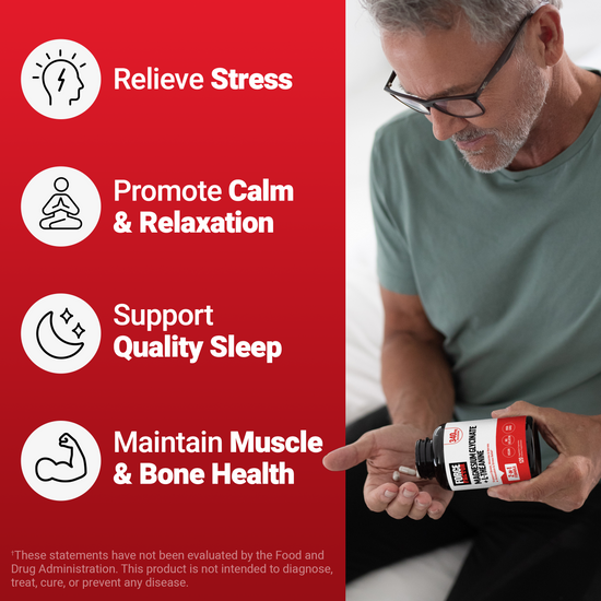 Man holding Force Factor bottle near bed with icons for stress relief, relaxation, sleep support, and muscle and bone health.