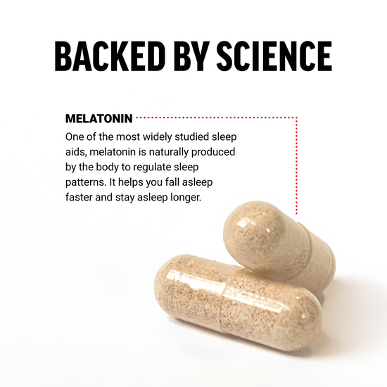 Two beige capsules with text highlighting melatonin's benefits for sleep, emphasizing scientific backing.