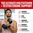 Man lifting dumbbell with text highlighting testosterone, energy, nitric oxide, circulation, and performance support.