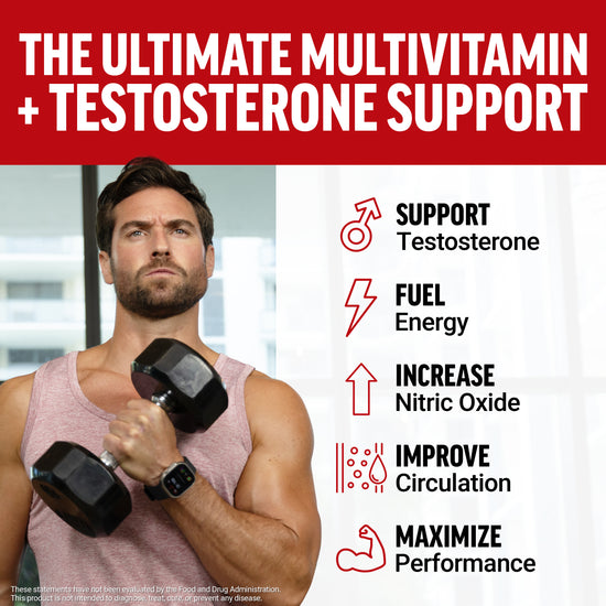Man lifting dumbbell with text highlighting testosterone, energy, nitric oxide, circulation, and performance support.