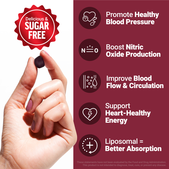 Hand holding a dark chewable supplement next to benefits like blood pressure support and nitric oxide production.