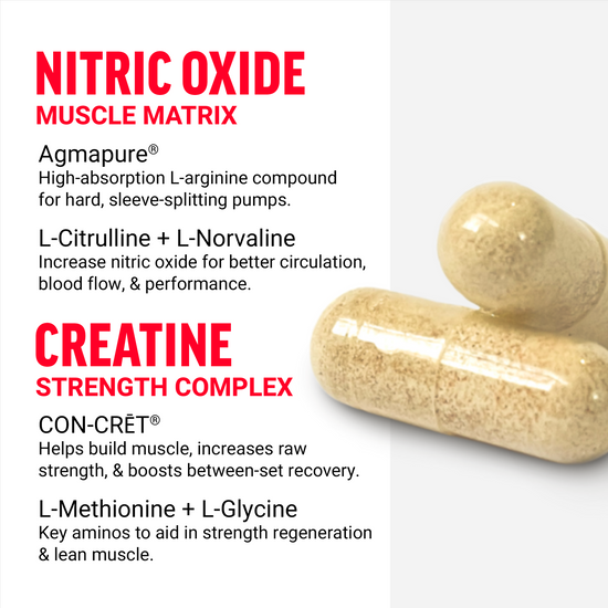 Supplement facts highlighting Nitric Oxide and Creatine benefits with capsules shown.