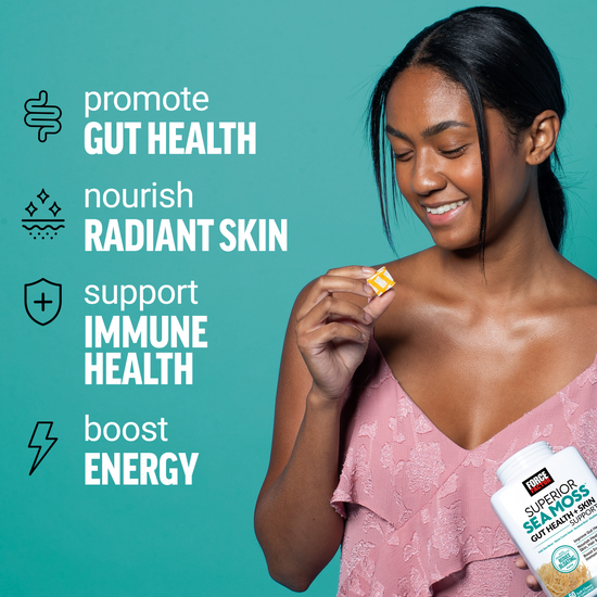 Woman smiling while holding Force Factor supplement chew, highlighting gut health, skin, immune support, and energy benefits.