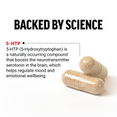 Two 5-HTP capsules with text explaining the naturally occurring compound boosts serotonin in the brain to regulate mood and emotional wellbeing