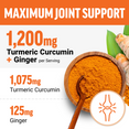 Callout of 1,075mg turmeric and 125mg ginger per serving for maximum joint support with orange powder in wooden bowl.