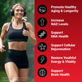 Woman running outdoors with health benefits of NAD+ Longevity listed on a red background