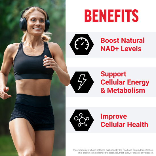 Woman running in headphones beside NMN benefits: boost natural NAD+ levels, support cellular energy, improve cell health.