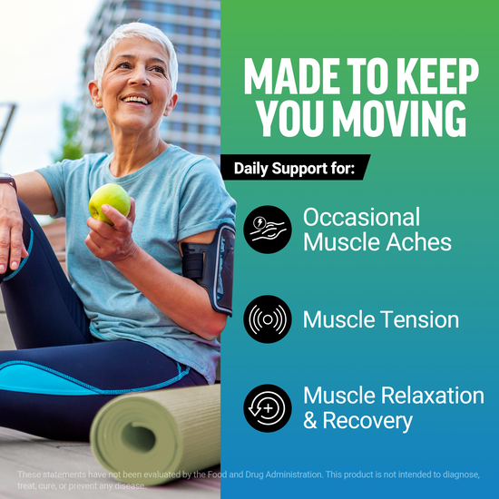 Woman holding apple post-workout with product benefits like muscle recovery and tension relief.