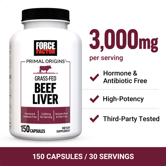Grass-Fed Beef Liver bottle with 3,000mg per serving, 150 capsules, and key benefits listed.