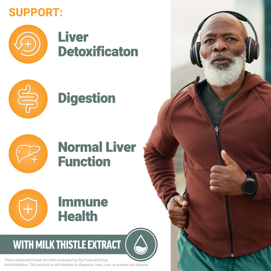 Active man running with icons showing support for detoxification, digestion, liver function, and immune health.