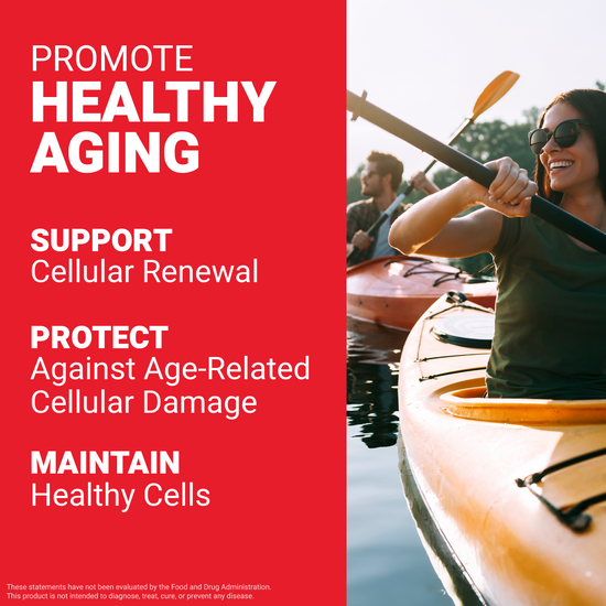 Woman kayaking with text promoting healthy aging by supporting cellular renewal, protecting cells, and maintaining cell health