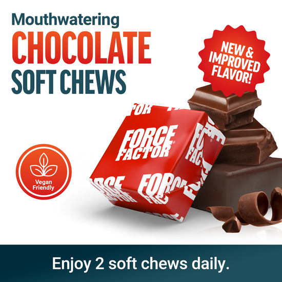 Wrapped Force Factor chocolate soft chew beside chocolate pieces, labeled vegan friendly with new and improved flavor badge.