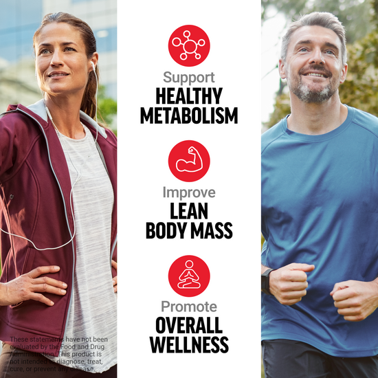 Active couple with text highlighting metabolism, lean body mass, and wellness support