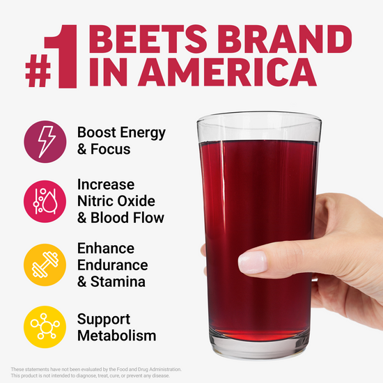 Hand holding glass of dark red beet drink beside benefits list for boosting energy, nitric oxide, endurance, and metabolism.