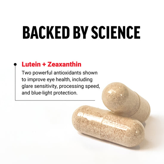 Lutein and zeaxanthin capsules with text emphasizing scientific backing for eye health benefits.