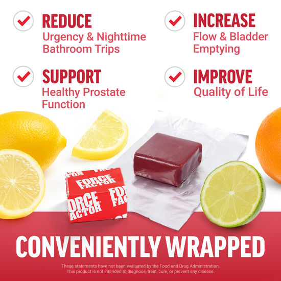 Soft chew unwrapped and wrapped near citrus; benefits include reducing trips, improving flow, and supporting prostate health