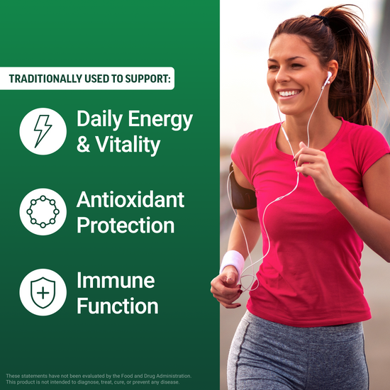 Woman jogging with icons showing moringa traditionally supports daily energy and vitality, antioxidant protection, and immune function