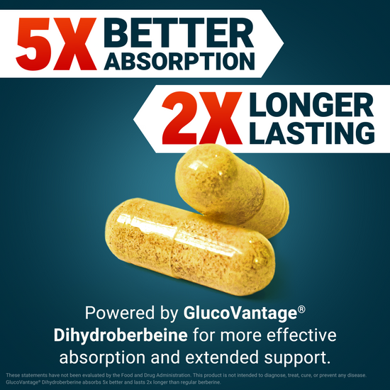 Two yellow capsules on a dark background with text highlighting 5x absorption and 2x longer support.