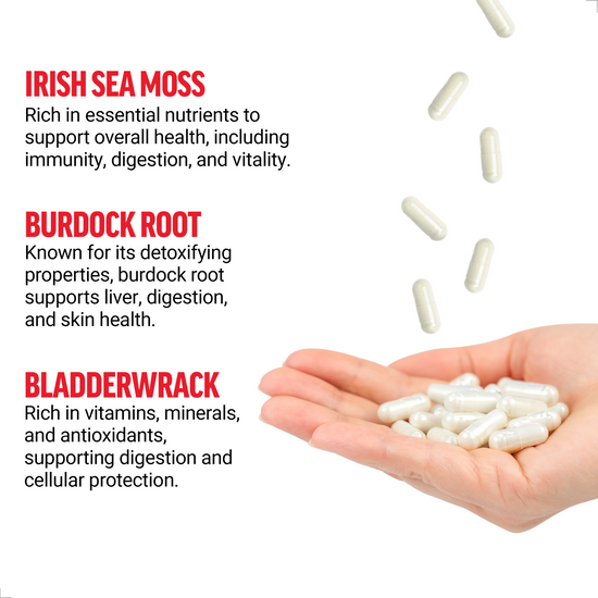 Hand catching white capsules with text explaining Irish Sea Moss, Burdock Root, and Bladderwrack benefits for immunity, digestion, liver, and cellular protection
