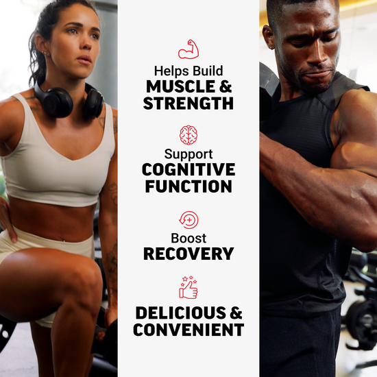 Two athletes mid-exercise with product claims: build strength, support cognition, boost recovery, and enjoy convenience.