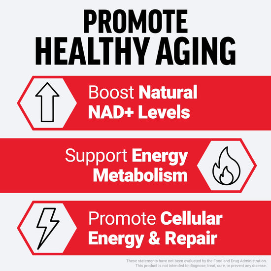 Promote healthy aging graphic listing boosted NAD+ levels, energy metabolism, and cellular energy and repair.